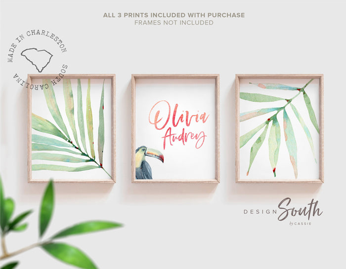 Toucan print art set, above crib tropical wall, tropical nursery decor, baby room decor, newborn nursery pink and green tropical themed art