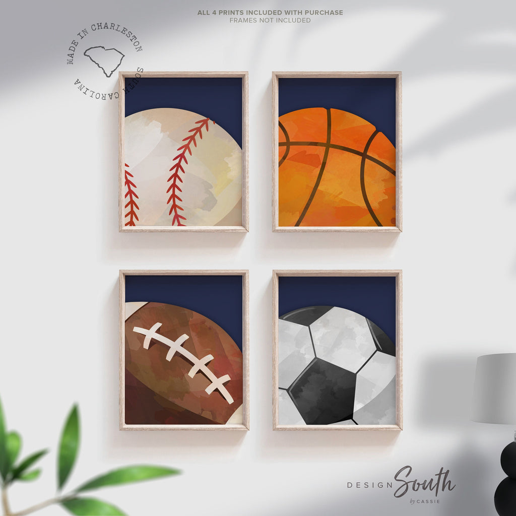 Set of 4 sports balls navy blue wall print, sports baby nursery or little boys room, all sports sporty gift baby shower, toddler sports art