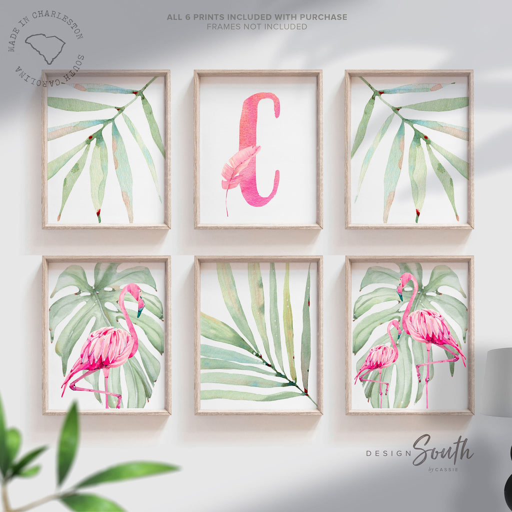Girls nursery decor, tropical leaf flamingo decor, girls nursery tropical theme, girls bedroom theme, pink tropics nursery flamingo baby art