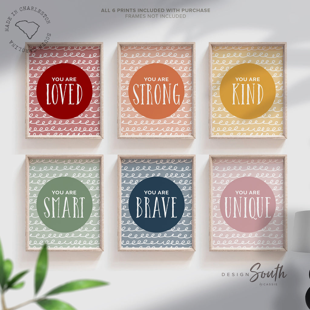 Loved strong kind smart brave unique art print set, boho colors kids room, inspiring prints, muted earthy colors, playroom neutral muted kid