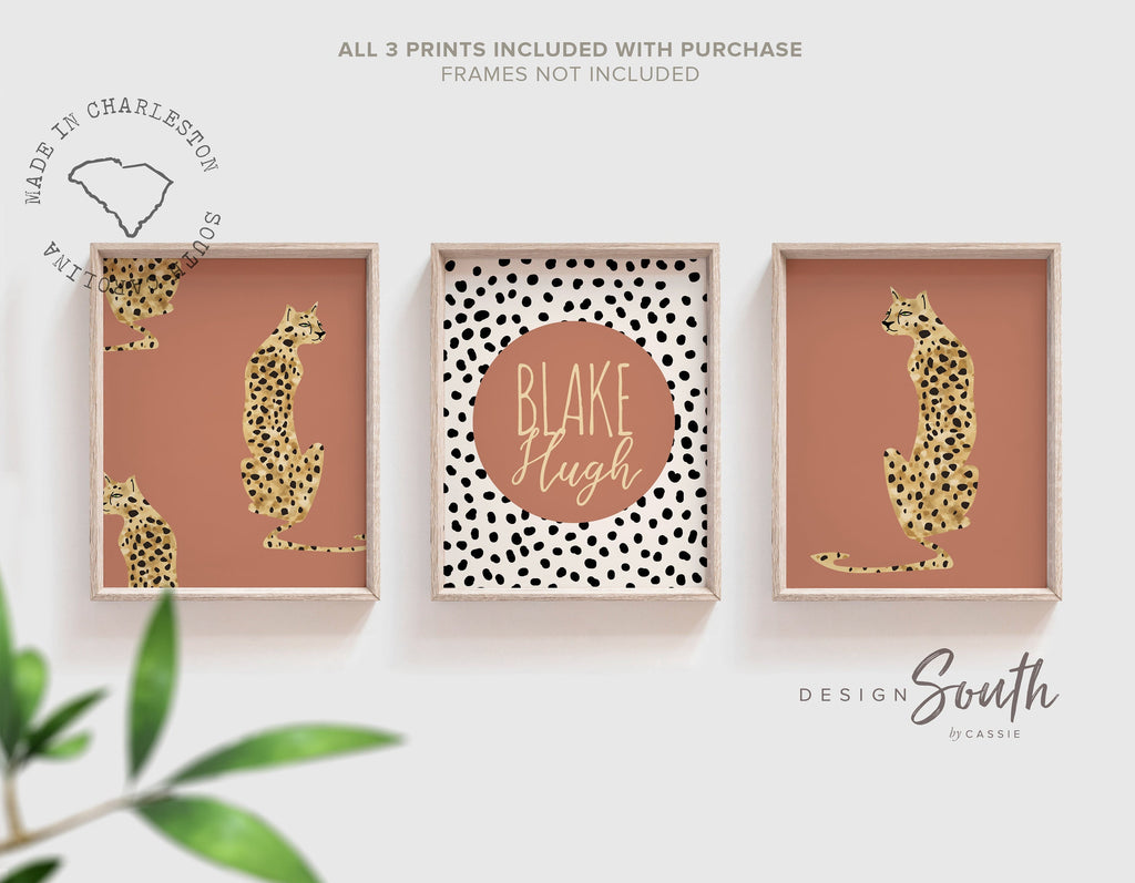 Boho terracotta vintage art, leopard cheetah prints, terracotta jungle cheetah, neutral vintage safari nursery art personalized name animal