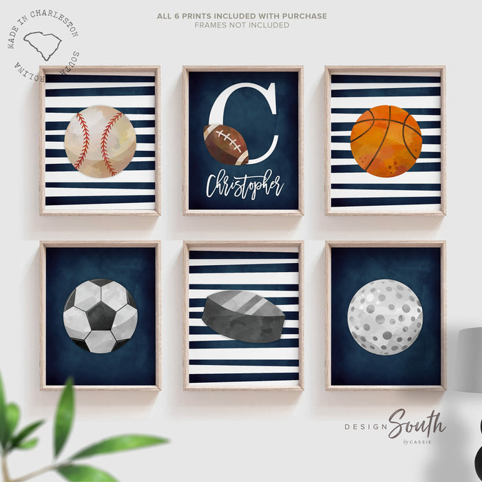 Sports collection print set boys name, sports theme wall pictures, sports art personalized gift, baseball football kids wall art boy nursery