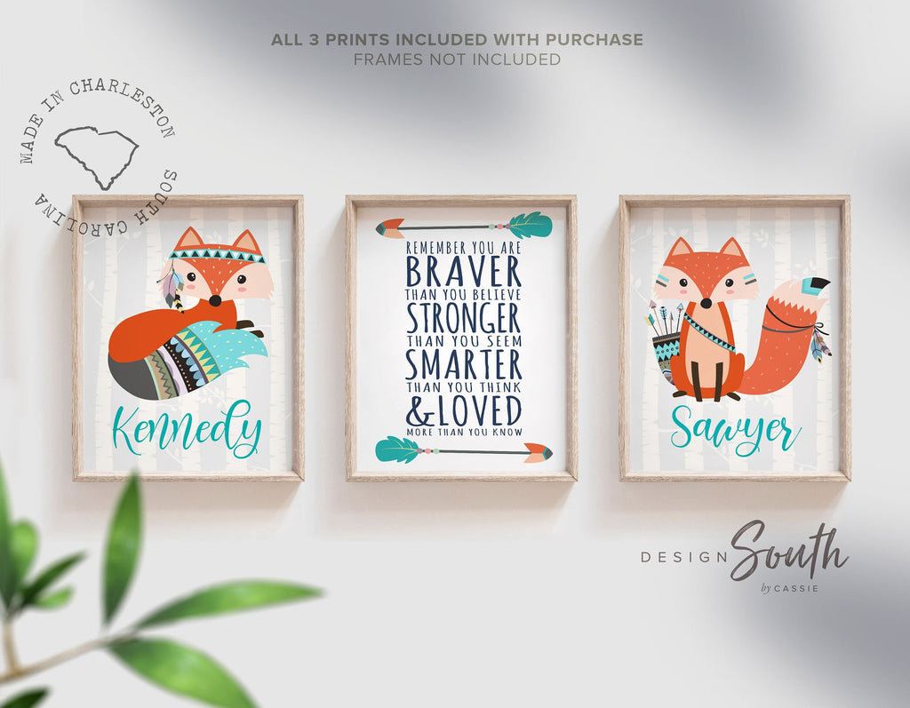 Playroom art, gender neutral woodland animal fox, kids fox theme gray neutral, kids room shared boy girl, braver stronger smarter wall quote