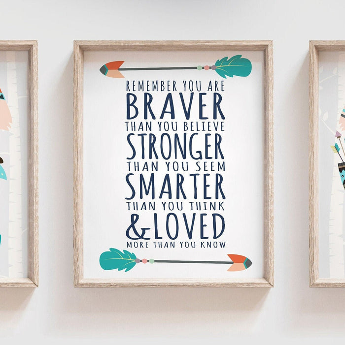 Playroom art, gender neutral woodland animal fox, kids fox theme gray neutral, kids room shared boy girl, braver stronger smarter wall quote