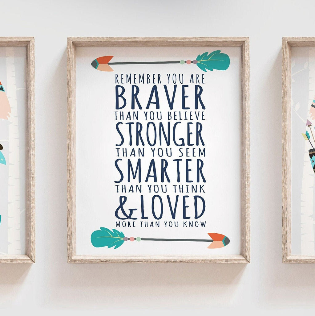 Playroom art, gender neutral woodland animal fox, kids fox theme gray neutral, kids room shared boy girl, braver stronger smarter wall quote