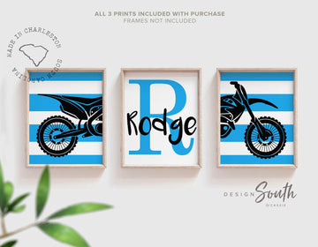 Motocross home decor children, dirt bike toddler art prints, motocross themed room ideas, personalized kid's name, blue black sport bike art