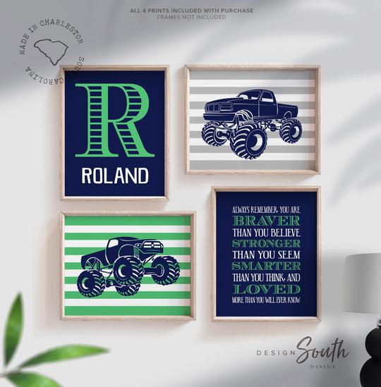 Green monster truck boys bedroom decor, personalized monster truck themed, big truck wall art, boys truck decor, toddler truck bedroom decor