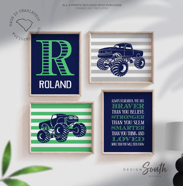 Green monster truck boys bedroom decor, personalized monster truck themed, big truck wall art, boys truck decor, toddler truck bedroom decor