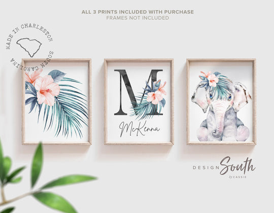 Coral and teal nursery art, tropical theme baby gift, elephant nursery decor for girl, bedroom wall art personalized name, tropical leaf art