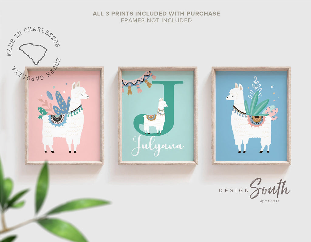 Pink aqua teal colored girls room art, llama themed girls name sign, cactus succulents themed room, pink mint colors kid art, llama pink