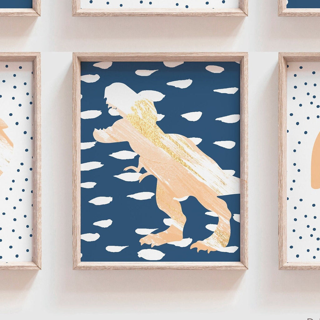 Peach gold watercolor dinosaur art, little girl dinosaur collection with gold sparkles, girl dinosaur lover peach gold blue, girl dino room