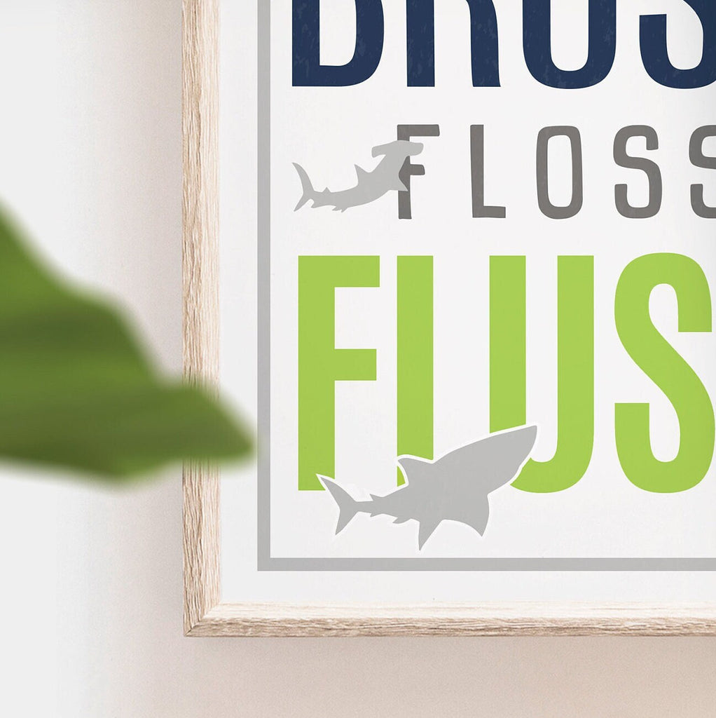 Shark bathroom decor, shark prints lime green navy blue, kid wash brush floss flush, boys bathroom, boys shark bathroom, prints art bathroom