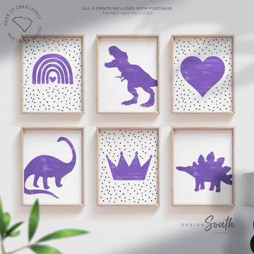 Girl dinosaurs hearts rainbows, girl purple dinosaur themed nursery, girl dinosaur bedroom wall art, purple dinosaur, 6 girly dinosaur print