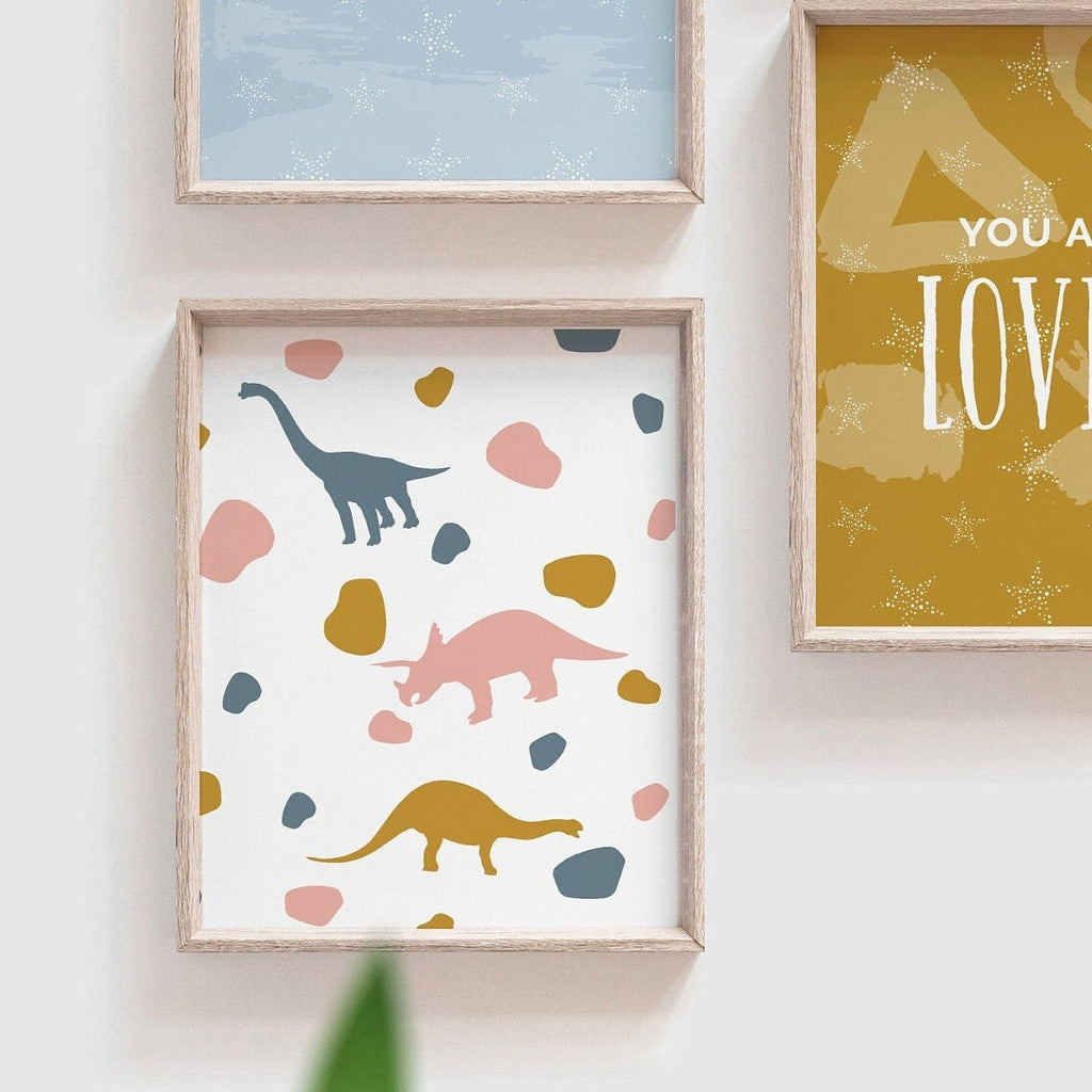Little girl bedroom decor, girl dinosaur theme, pink and blue toddler room, alphabet print set for playroom or bedroom, inspiring art prints