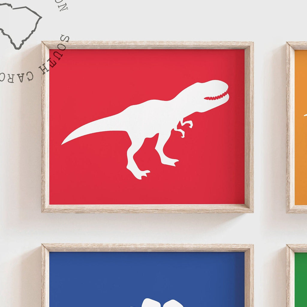 Playroom dinosaur art, playroom decor dinosaurs, red green blue orange dinosaurs, dinosaur wall decor, dinosaur wall art kids, boys trex art