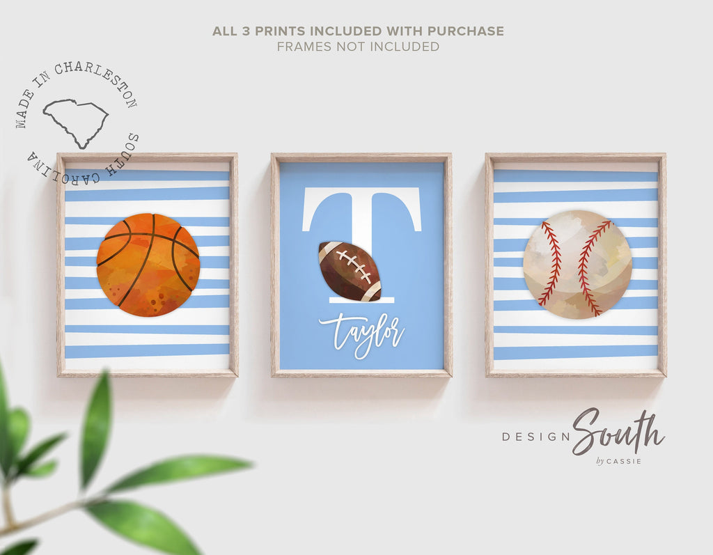 Sports wall art blue, custom sports decor gift, basketball football baseball, personalized name sports theme, little boy room sports signs
