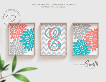 Coral turquoise monogram wall art, girl coral gray turquoise room art, girl bedroom flower theme script initial, dahlia floral burst artwork