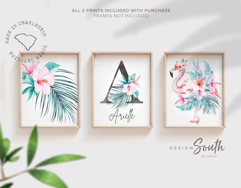 Girl nursery decor flamingo tropical, leaves nursery art jungle theme, botanical baby girl wall coastal, nursery decor pink tropical decor