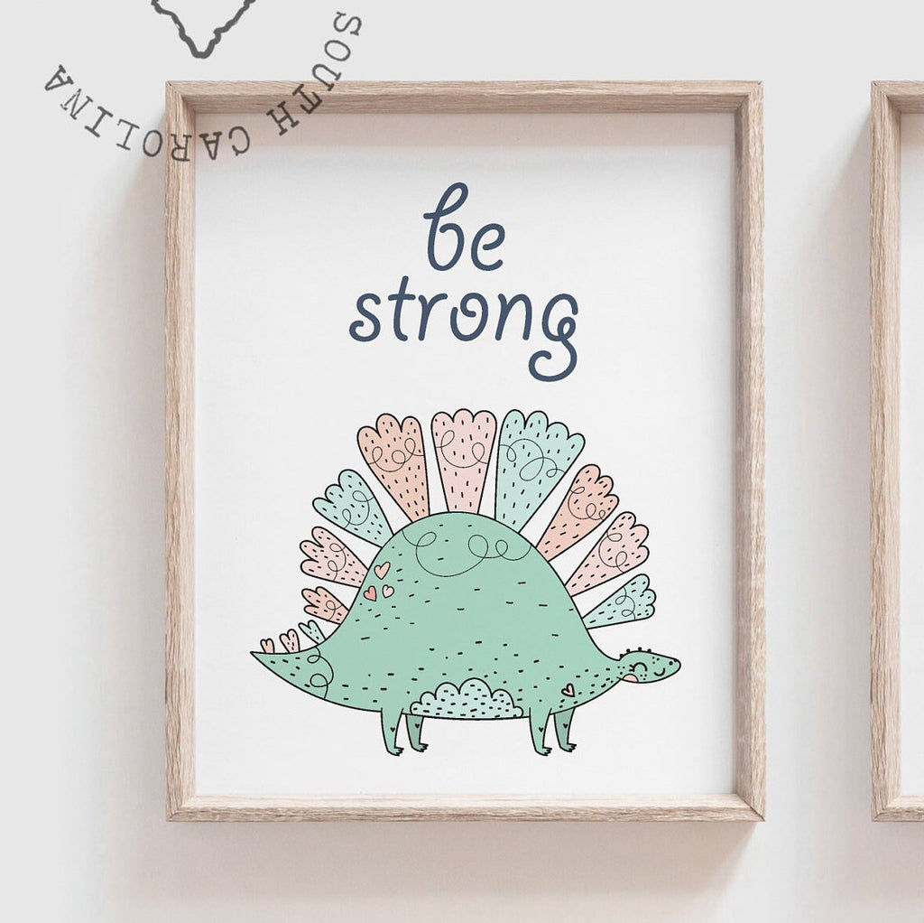 Pink mint dinosaur art, dinosaur wall pastel color, cute girl dinosaur themed room, pastel pink child dinosaur art, girl dinosaur party gift