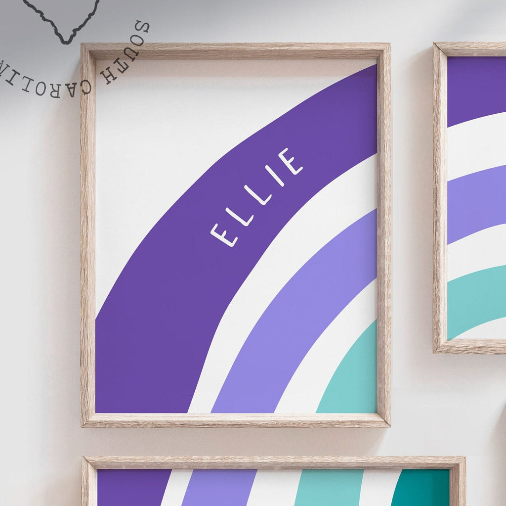 Purple teal aqua girls bedroom decor, wall art for girls room purple teal, rainbow themed room sisters personalized names, heart love sister