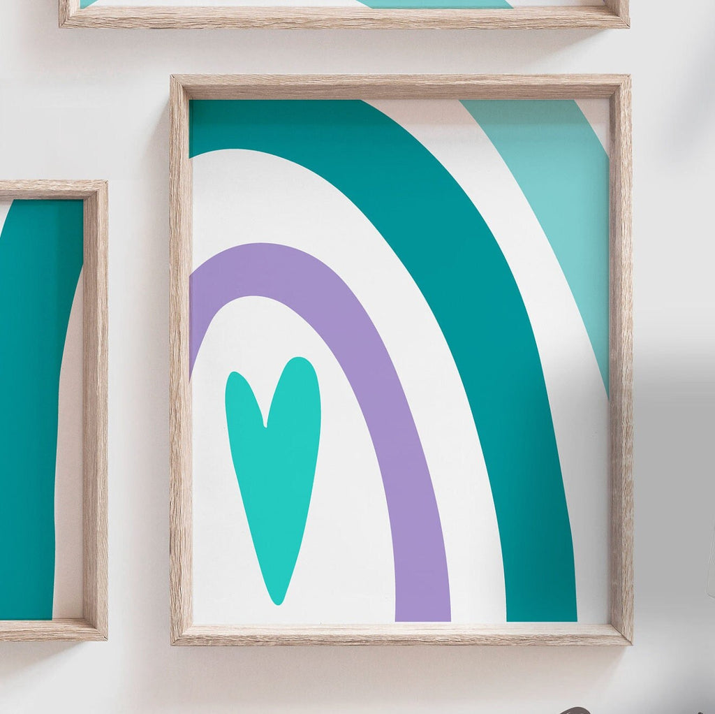Purple teal aqua girls bedroom decor, wall art for girls room purple teal, rainbow themed room sisters personalized names, heart love sister