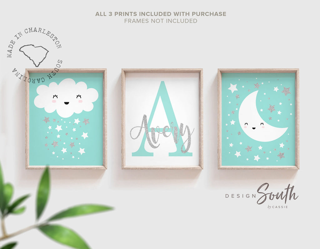 Silver gray nursery art, gender neutral, gray and teal, moon and stars, nursery baby star art, baby star decor monogram print boy or girl