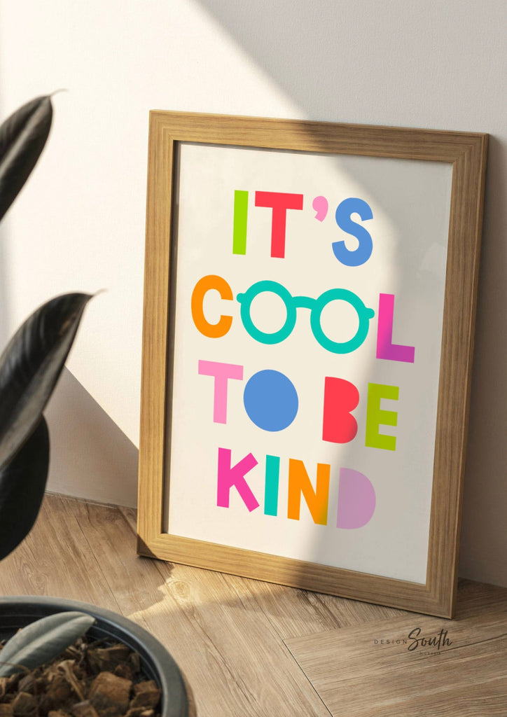 Its cool to be kind, kids wall art quote saying cool to be kind, colorful bright playroom art, bright playroom decor kindness affirmation