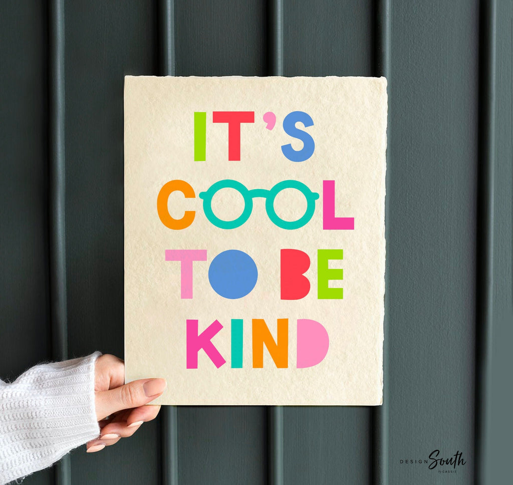Its cool to be kind, kids wall art quote saying cool to be kind, colorful bright playroom art, bright playroom decor kindness affirmation
