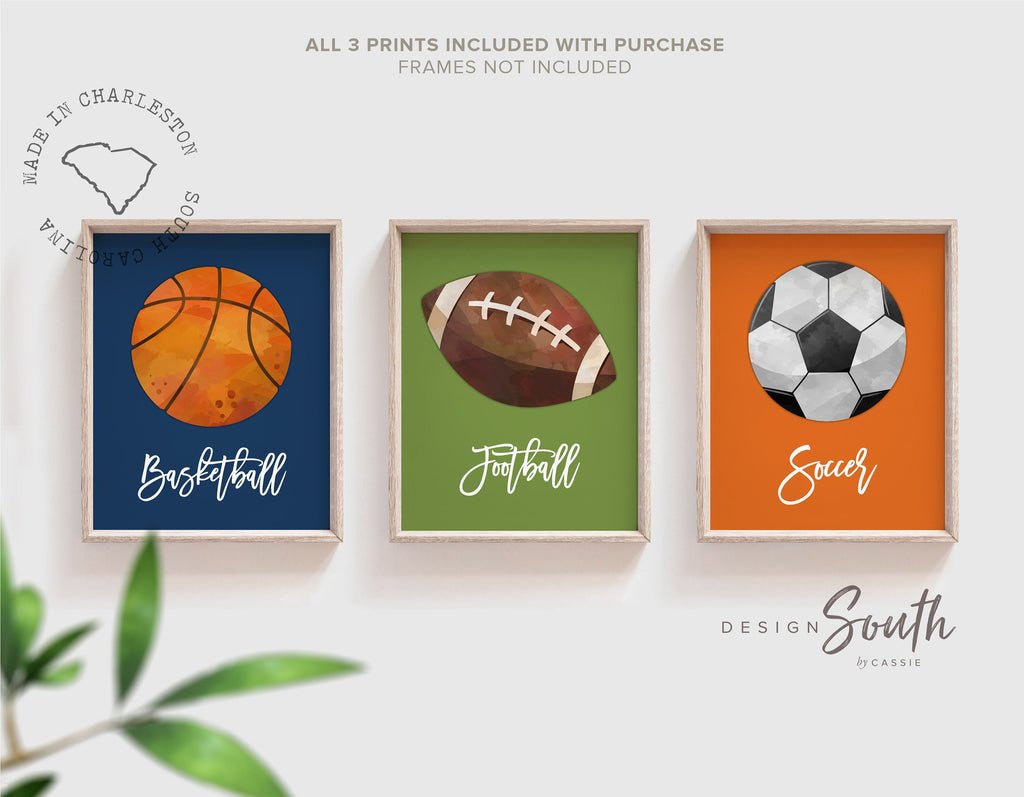 Blue green orange boys room decor, wall art toddler boy bedroom sports themed, gift for boy sports art print set, basketball football soccer