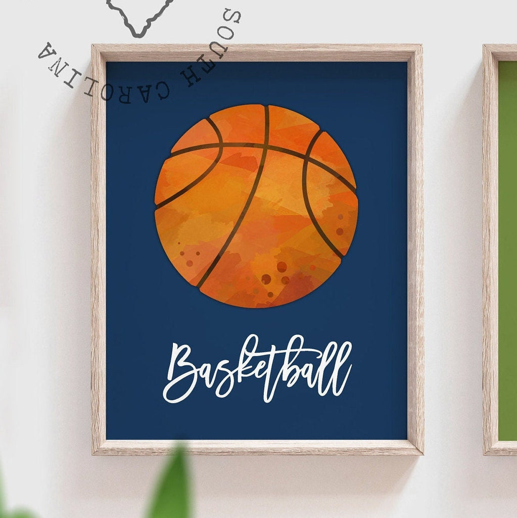 Blue green orange boys room decor, wall art toddler boy bedroom sports themed, gift for boy sports art print set, basketball football soccer