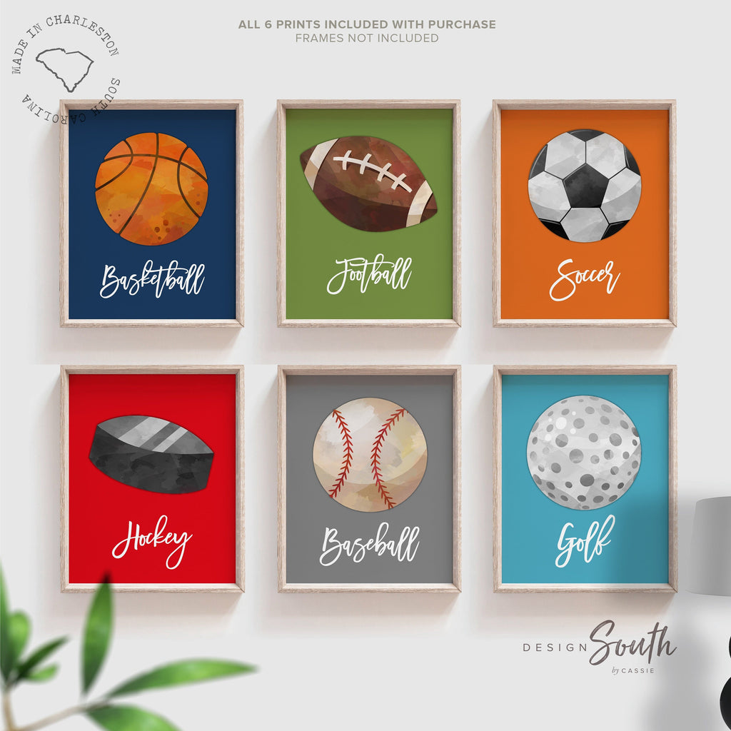 Sports orange blue red green gray navy colored wall art, sports kid art, wall art toddler room boy, sports gallery wall, set of 6 sports set