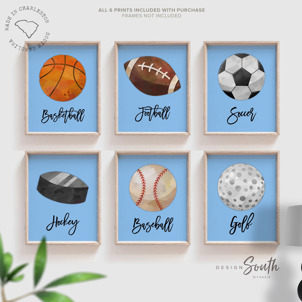 Blue sports decor for boys, sports kid, soccer basketball baseball football kids art in blue, set of 6 sports ball prints, kids sports decor