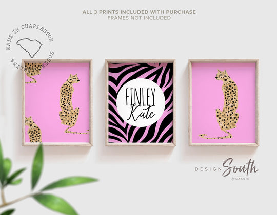 Chic trendy girl nursery, pink spotty nursery, cheetah print nursery, safari animal nursery art girl, baby pink cheetah girls name modern