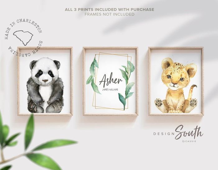 Animal wall art for baby boy, lion cub baby panda modern nursery, personalized name watercolor animal art prints, cute animals zoo nursery