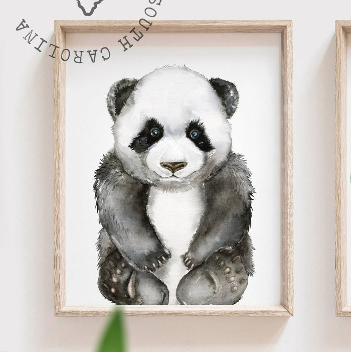 Animal wall art for baby boy, lion cub baby panda modern nursery, personalized name watercolor animal art prints, cute animals zoo nursery