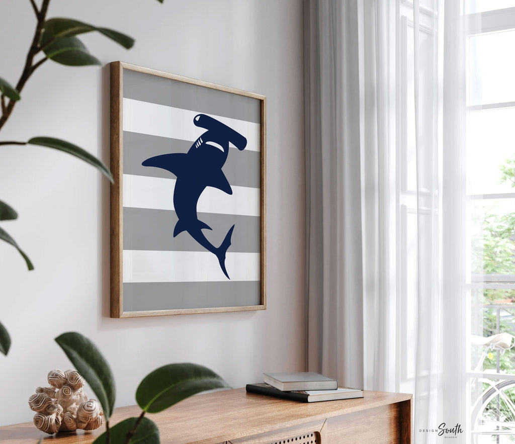 Sibling boys shark themed wall art, sibling decor baby boy art sharks, twin boys nursery art navy blue and gray, brothers bedroom decor idea