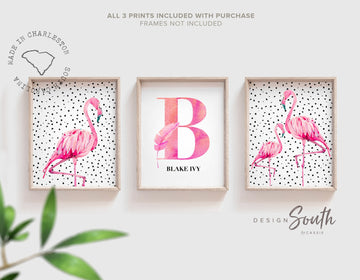Hot pink watercolor flamingo, girls personalized initial name pink, dalmation mini speckle spots, trendy baby room art, pink name watercolor