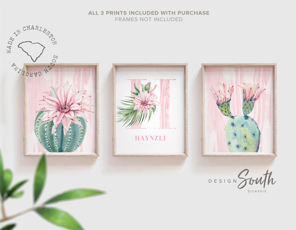 Floral monogram initial, baby nursery cactus blooms, personalized bedroom wall decoration, floral cactus pink succulents, baby pink nursery
