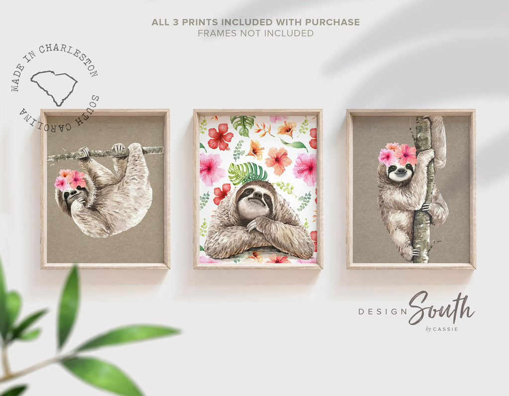 Sloth themed little girl room decor, wall art sloth set girl nursery bedroom, tropical sloth pictures girl nursery theme, cute sloth set
