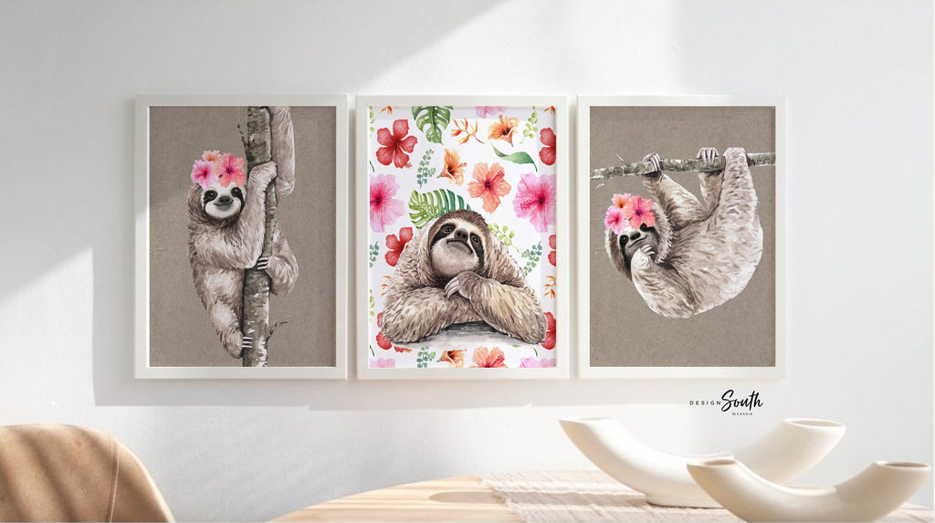 Sloth themed little girl room decor, wall art sloth set girl nursery bedroom, tropical sloth pictures girl nursery theme, cute sloth set