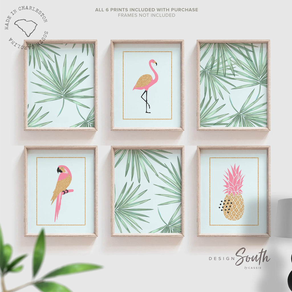 Flamingo pineapple palms wall art set, pink gold sparkles green palms themed, little girl room tropical, baby girl flamingo wall decor idea