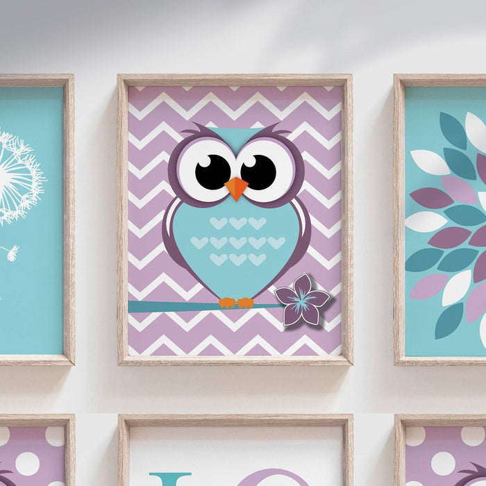 Baby girls nursery decor, owl nursery decor, girls owl nursery, flowers, chevron, purple and aqua blue decor, girls, girls nursery decor