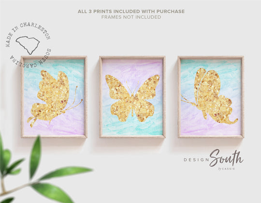 Gold butterfly art, purple gold wall art for girls, toddler butterfly bedroom art, gold sparkle nursery, gold sparkle little girl room art