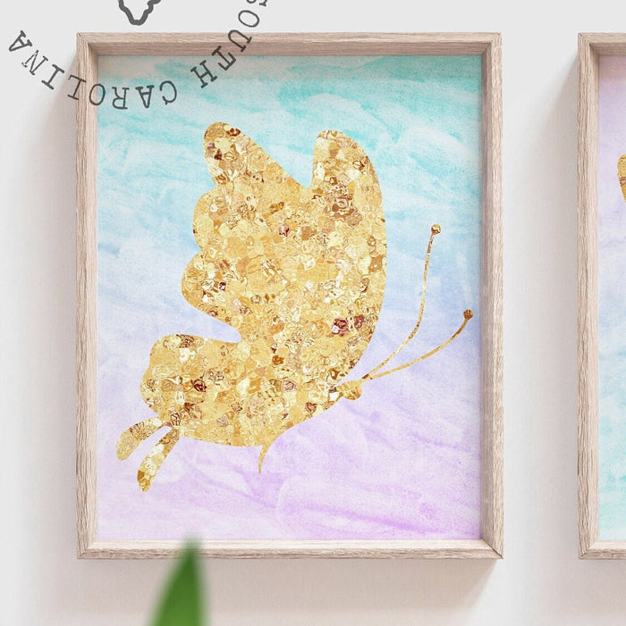 Gold butterfly art, purple gold wall art for girls, toddler butterfly bedroom art, gold sparkle nursery, gold sparkle little girl room art