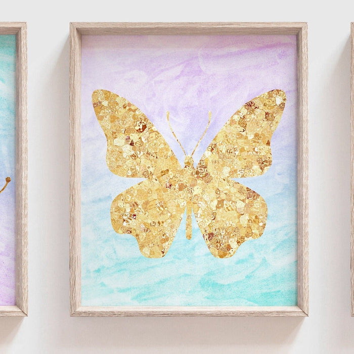 Gold butterfly art, purple gold wall art for girls, toddler butterfly bedroom art, gold sparkle nursery, gold sparkle little girl room art