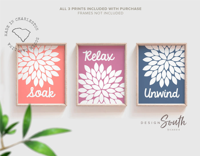 Bathroom wall decor, soak, relax, unwind, dahlia print for bathroom, adult bathroom decor, children's bathroom decor, bathroom flower art
