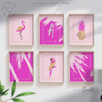 Hot pink wall art, personalized initial, pink girls nursery art prints, girl kids room decor pictures pink, tropical hot pink flamingo decor