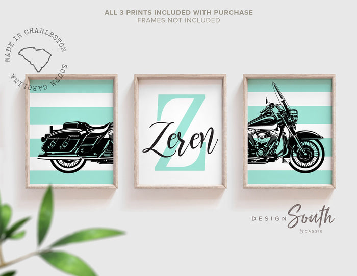 Black motorcycle boys nursery art, boys motorcycle wall art, motorcycle wall art for boys, monogrammed motorcycle wall art gift, kid name