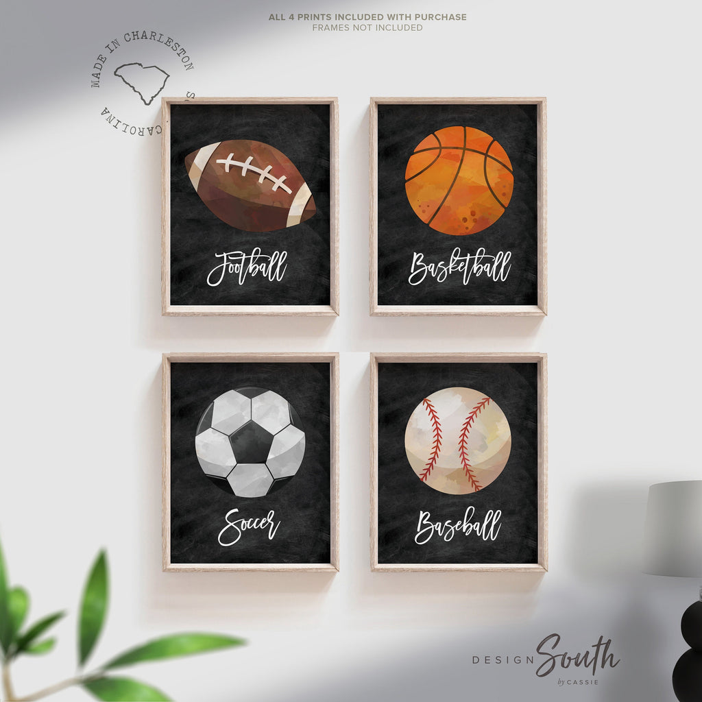 Little boy sports room theme, sports kids wall art print, vintage sports decor, set of 4 sports balls, football baseball basketball children