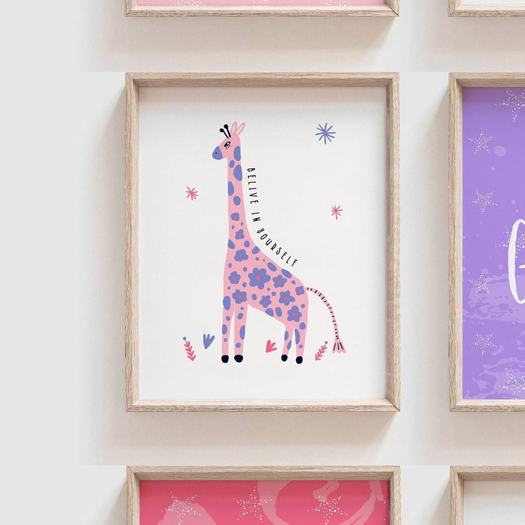 Pink and purple bedroom art, little girl room wall prints, playroom pink and purple ideas, girl inspiring art, pink animal wall art prints